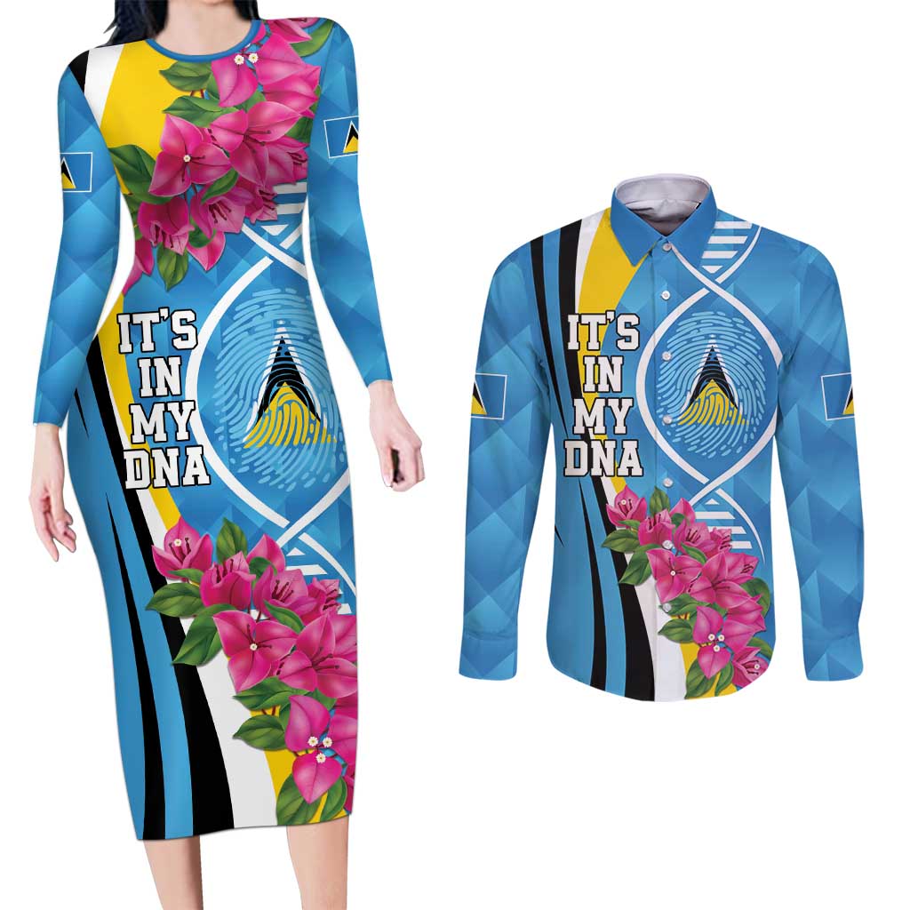 Saint Lucia Flag Pride It's in My DNA Couples Matching Long Sleeve Bodycon Dress and Long Sleeve Button Shirt