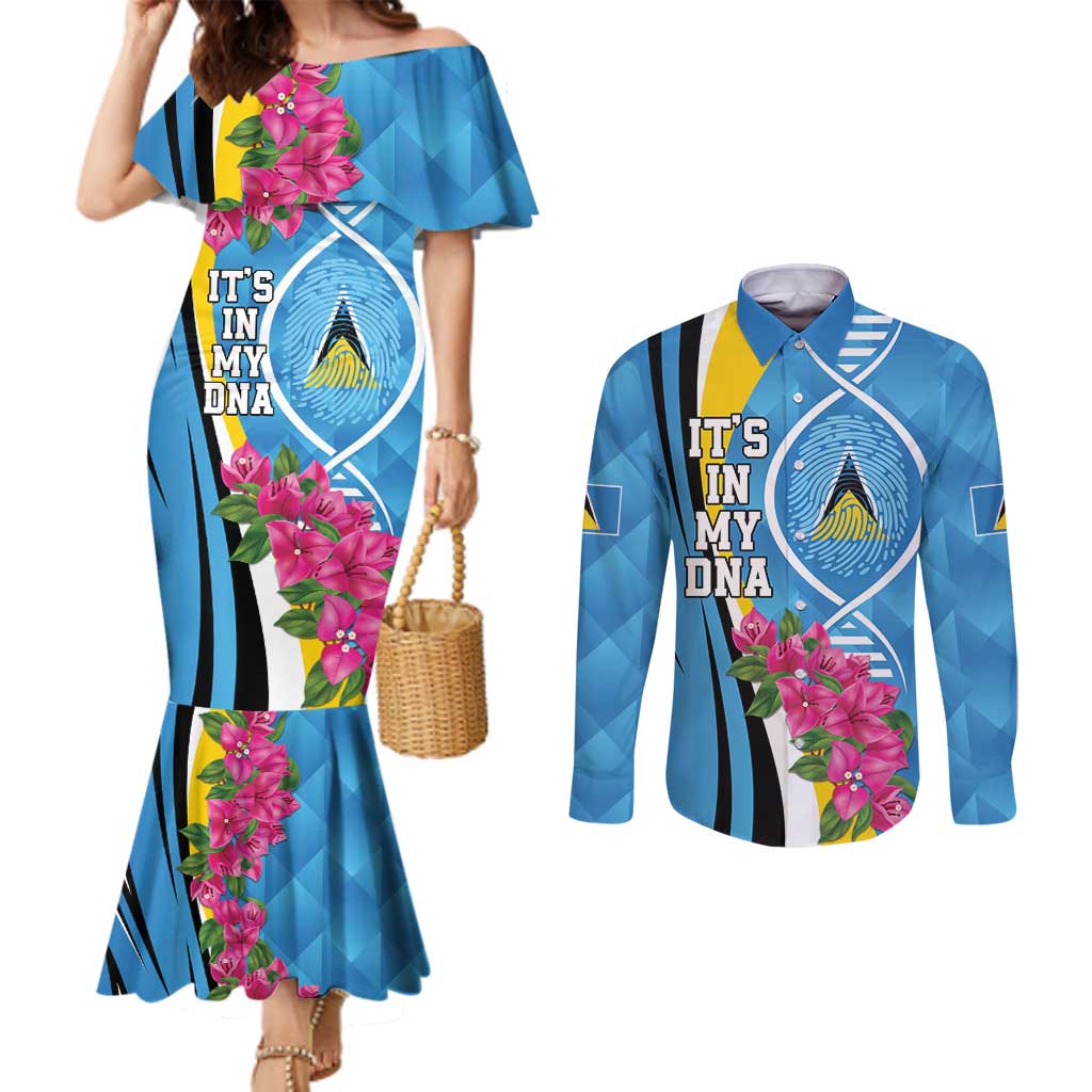 Saint Lucia Flag Pride It's in My DNA Couples Matching Mermaid Dress and Long Sleeve Button Shirt