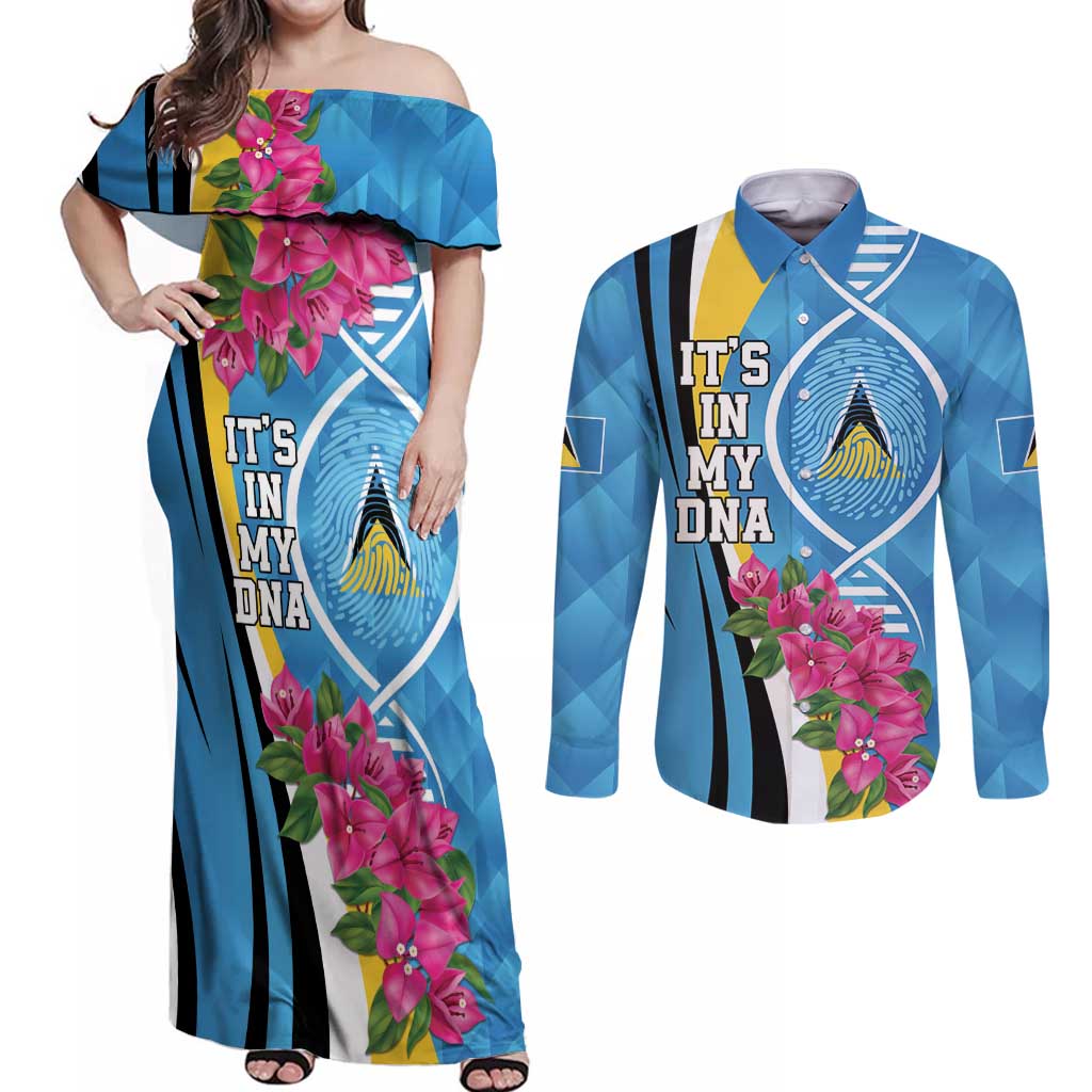 Saint Lucia Flag Pride It's in My DNA Couples Matching Off Shoulder Maxi Dress and Long Sleeve Button Shirt