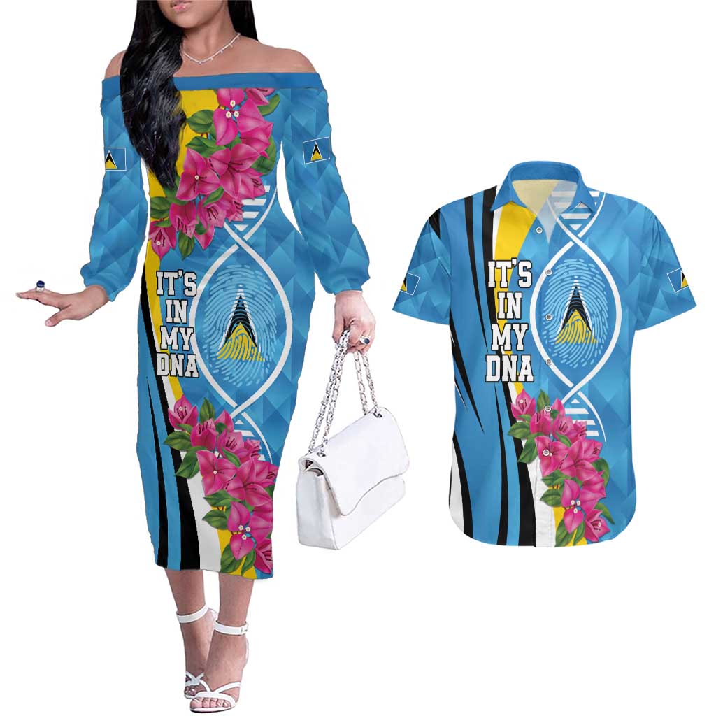 Saint Lucia Flag Pride It's in My DNA Couples Matching Off The Shoulder Long Sleeve Dress and Hawaiian Shirt