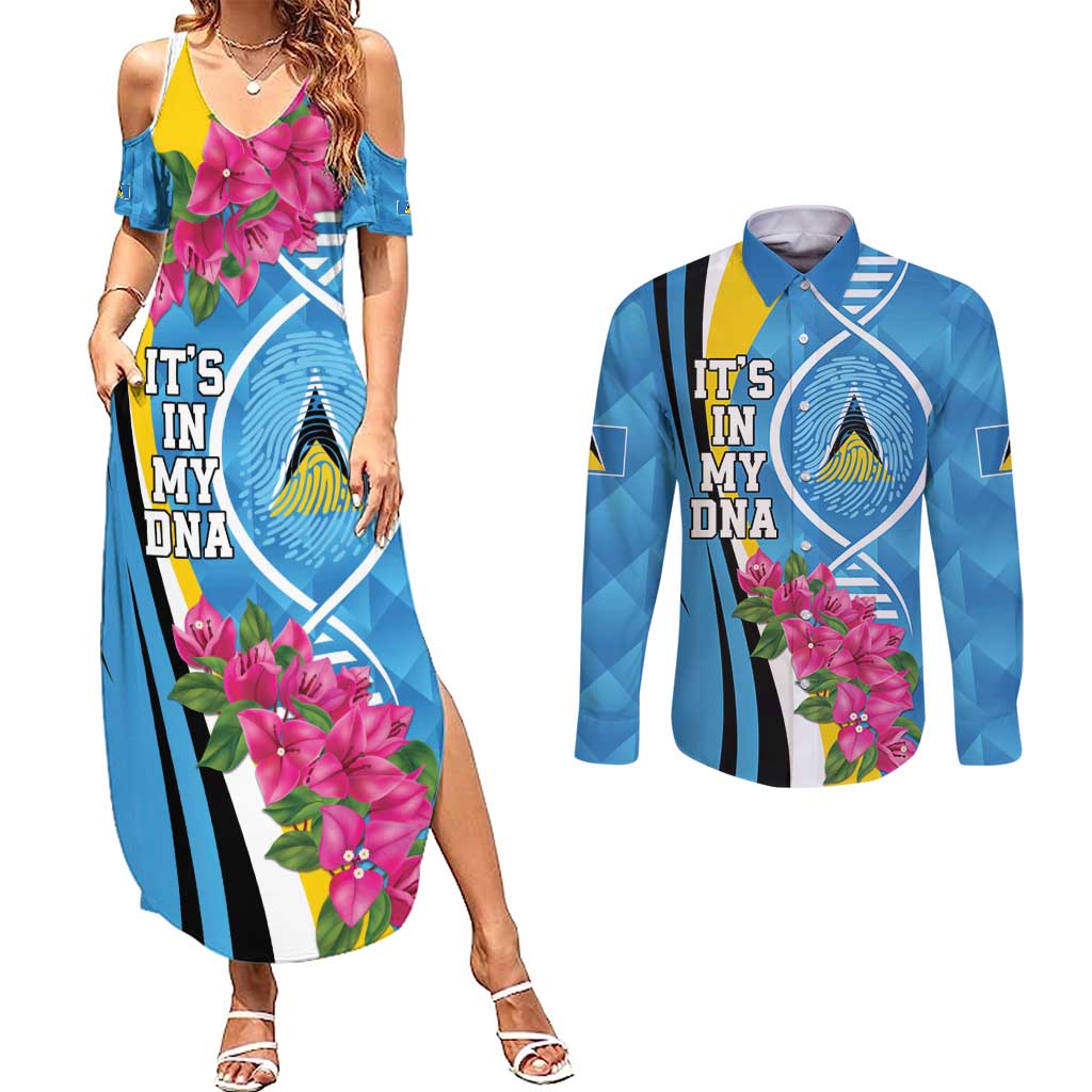 Saint Lucia Flag Pride It's in My DNA Couples Matching Summer Maxi Dress and Long Sleeve Button Shirt