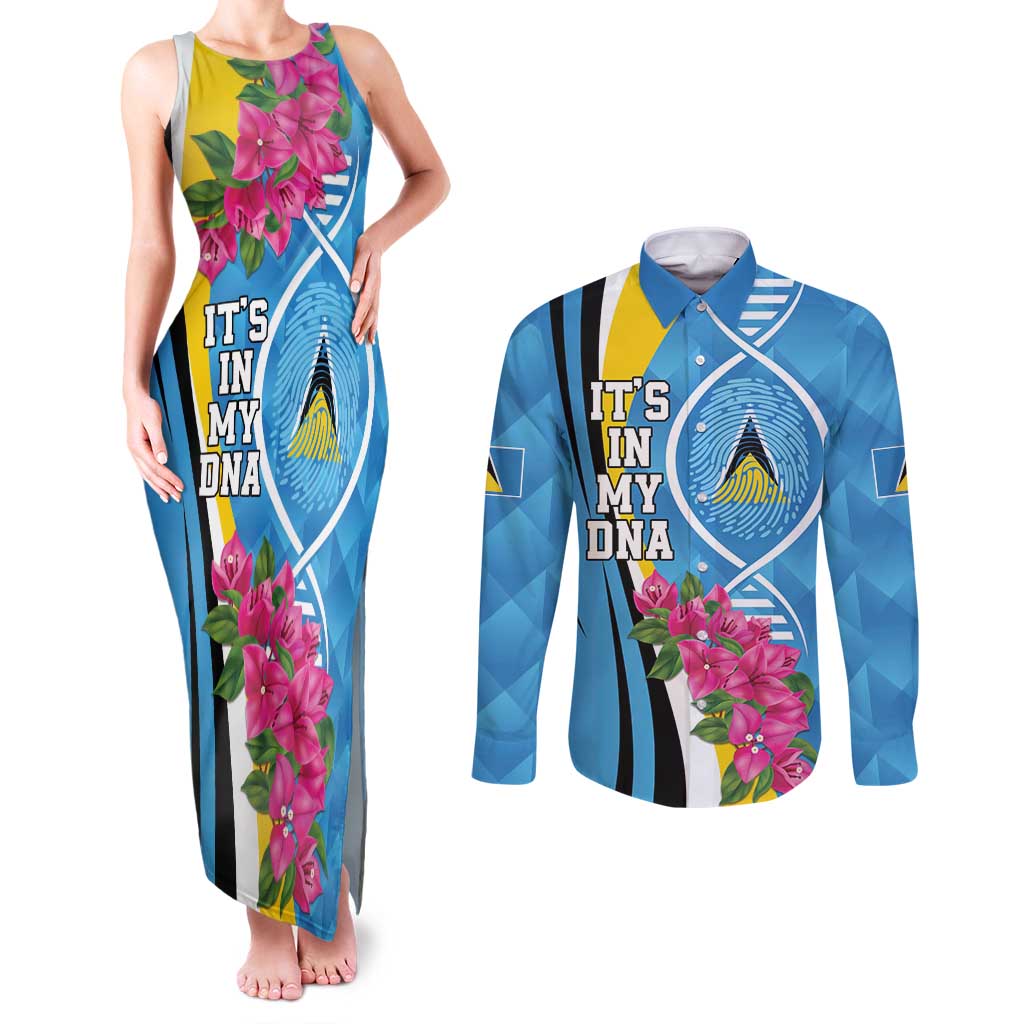 Saint Lucia Flag Pride It's in My DNA Couples Matching Tank Maxi Dress and Long Sleeve Button Shirt