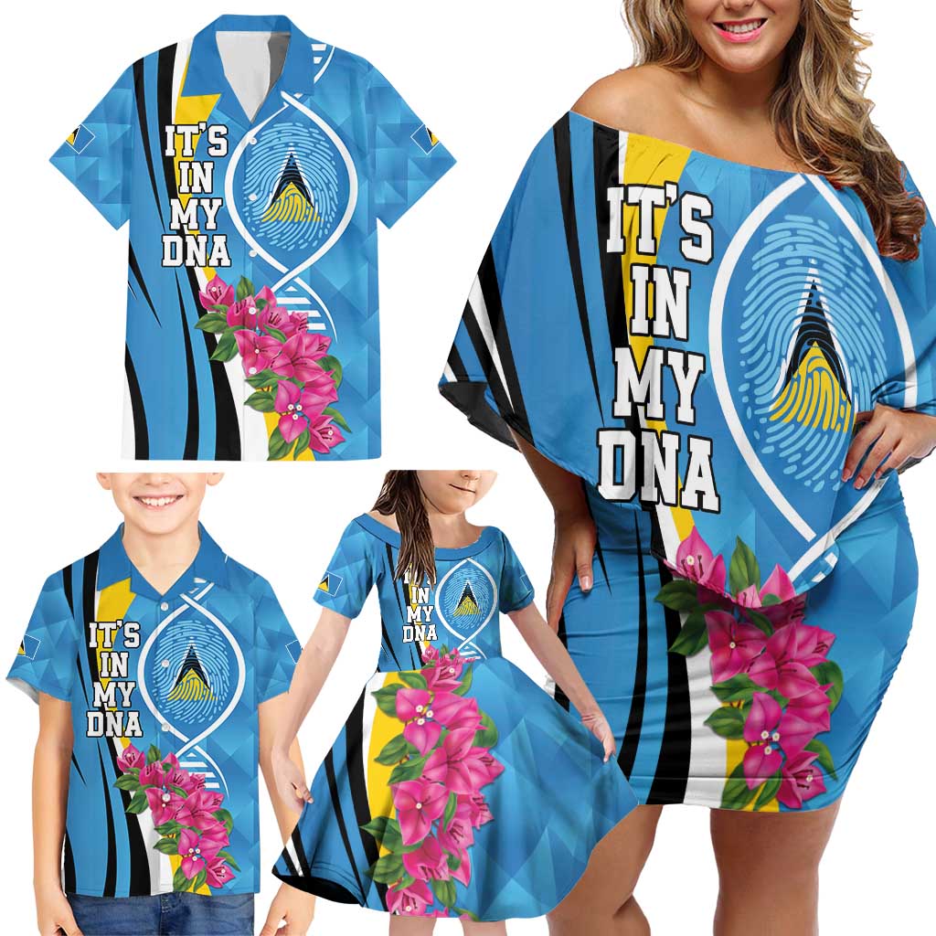 Saint Lucia Flag Pride It's in My DNA Family Matching Off Shoulder Short Dress and Hawaiian Shirt