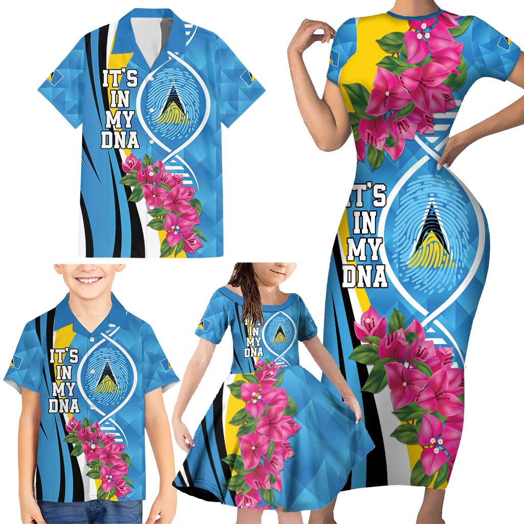 Saint Lucia Flag Pride It's in My DNA Family Matching Short Sleeve Bodycon Dress and Hawaiian Shirt