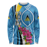 Blue long-sleeve pride shirt with flag stripes, DNA text, graphic seal and pink flowers
