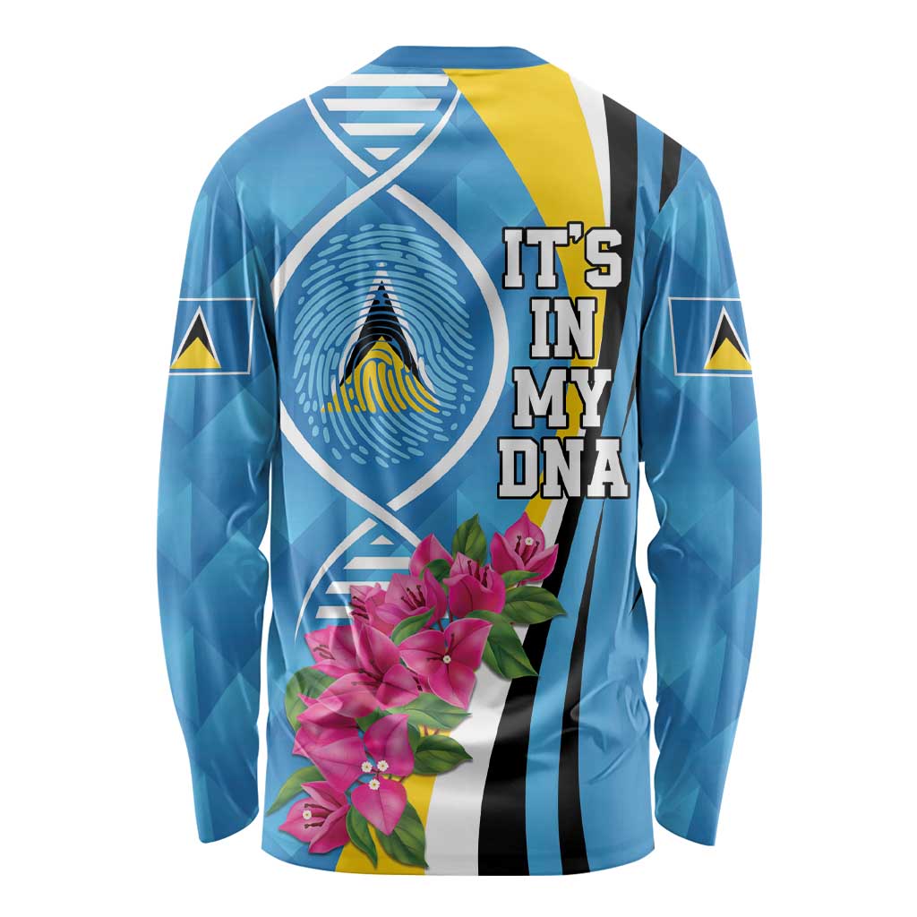 Back view blue long-sleeve shirt with flag stripes, It's in My DNA text, pink flowers