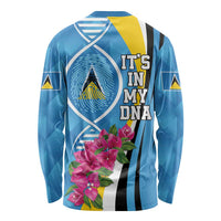 Back view blue long-sleeve shirt with flag stripes, It's in My DNA text, pink flowers