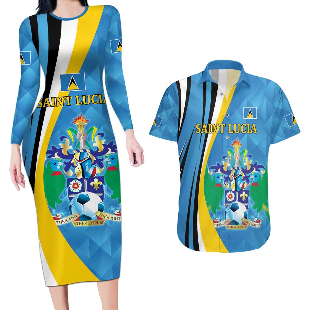 Custom Saint Lucia Football Couples Matching Long Sleeve Bodycon Dress and Hawaiian Shirt Sporty Pattern