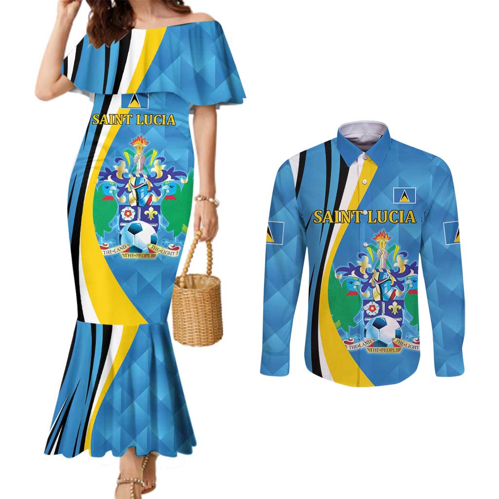 Custom Saint Lucia Football Couples Matching Mermaid Dress and Long Sleeve Button Shirt Sporty Pattern