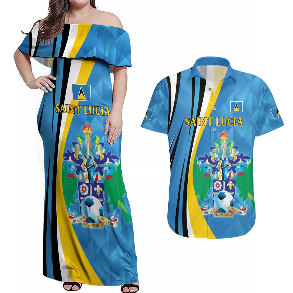 Custom Saint Lucia Football Couples Matching Off Shoulder Maxi Dress and Hawaiian Shirt Sporty Pattern