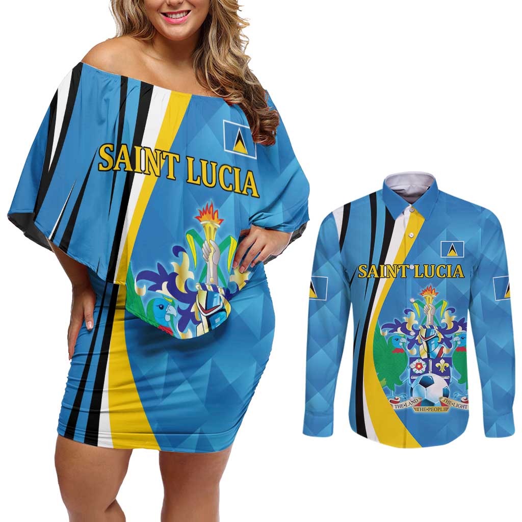 Custom Saint Lucia Football Couples Matching Off Shoulder Short Dress and Long Sleeve Button Shirt Sporty Pattern