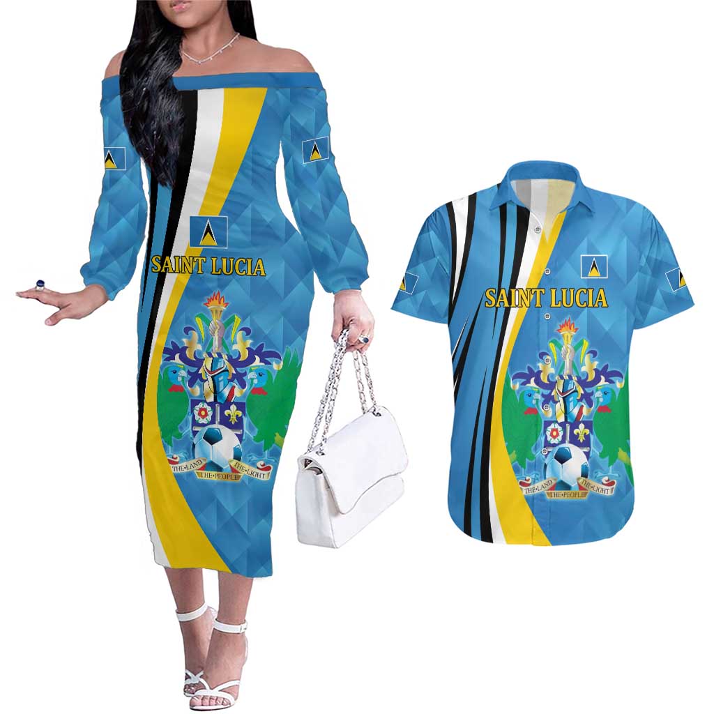 Custom Saint Lucia Football Couples Matching Off The Shoulder Long Sleeve Dress and Hawaiian Shirt Sporty Pattern