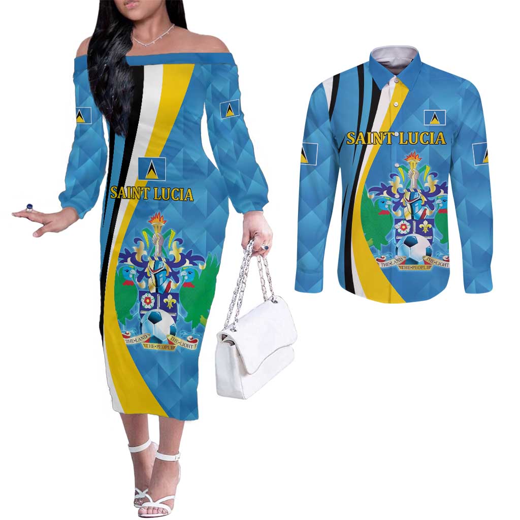 Custom Saint Lucia Football Couples Matching Off The Shoulder Long Sleeve Dress and Long Sleeve Button Shirt Sporty Pattern