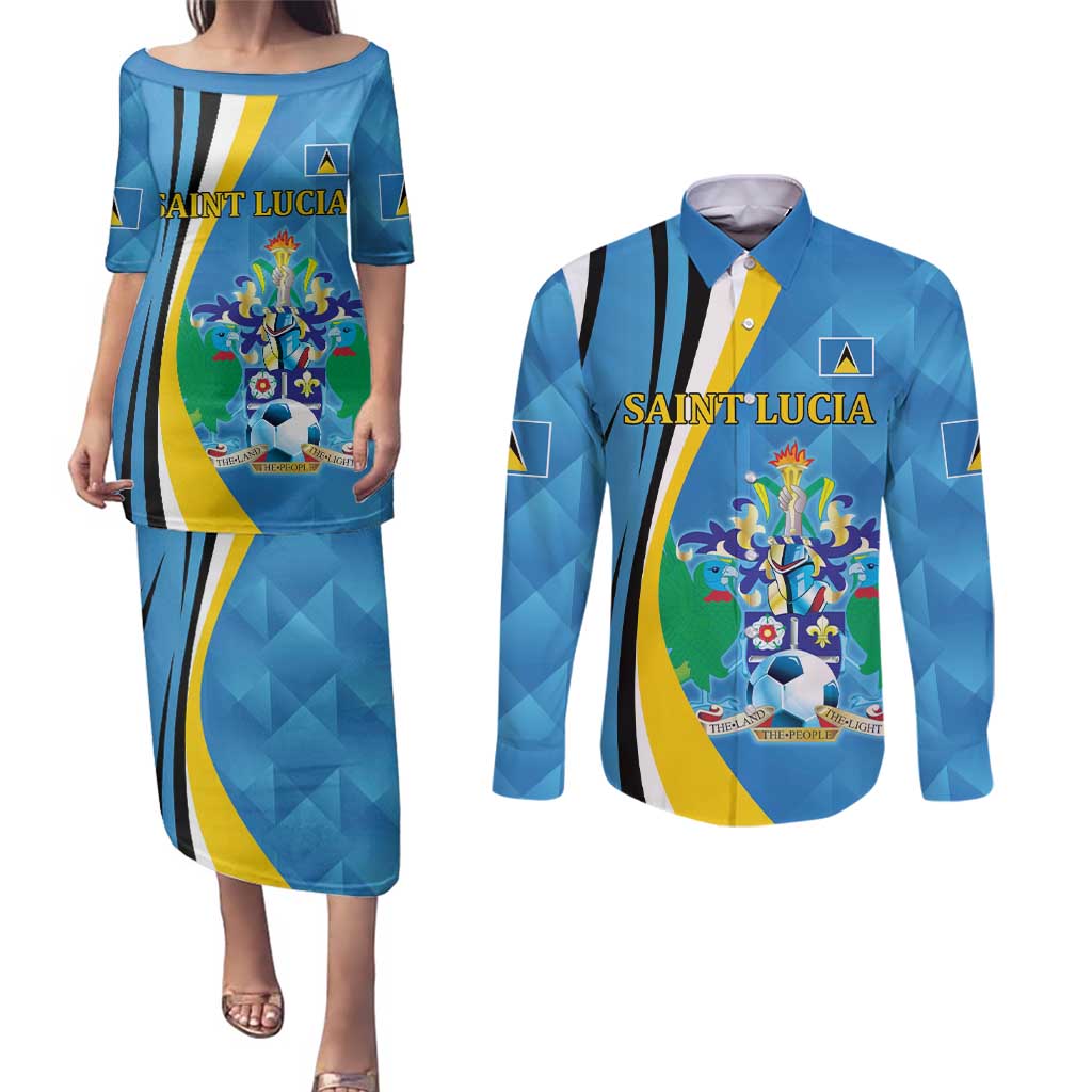 Custom Saint Lucia Football Couples Matching Puletasi and Long Sleeve Button Shirt Sporty Pattern