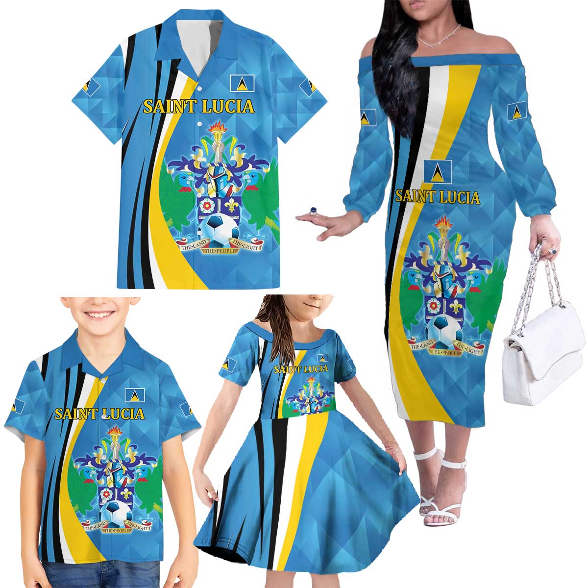 Custom Saint Lucia Football Family Matching Off The Shoulder Long Sleeve Dress and Hawaiian Shirt Sporty Pattern