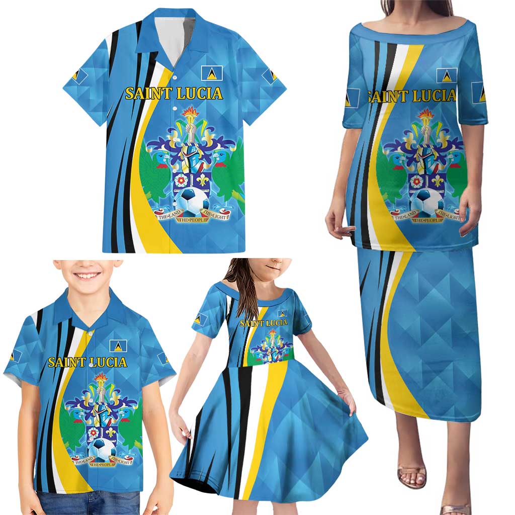 Custom Saint Lucia Football Family Matching Puletasi and Hawaiian Shirt Sporty Pattern