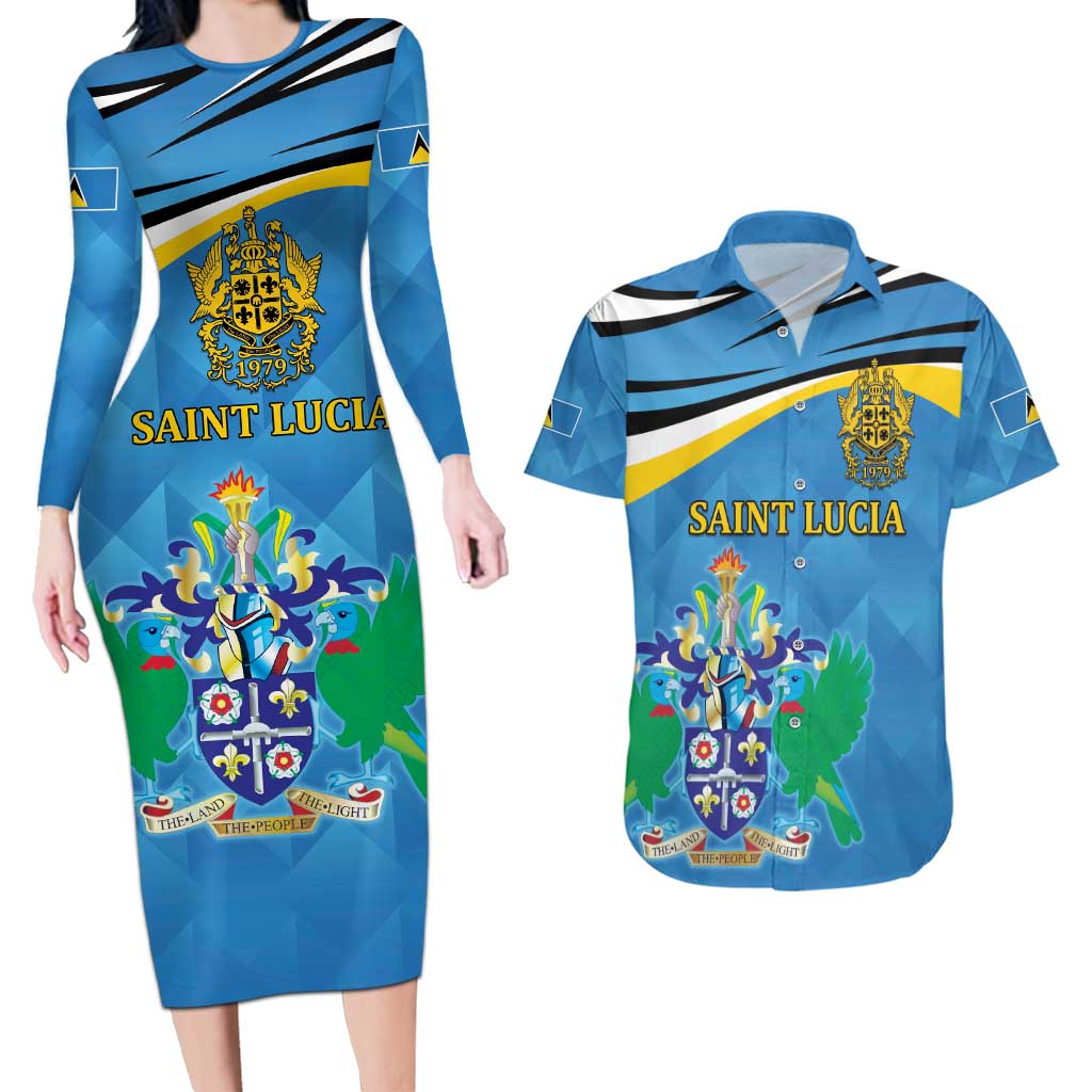 Personalized Saint Lucia Independence Day Couples Matching Long Sleeve Bodycon Dress and Hawaiian Shirt Since 1979