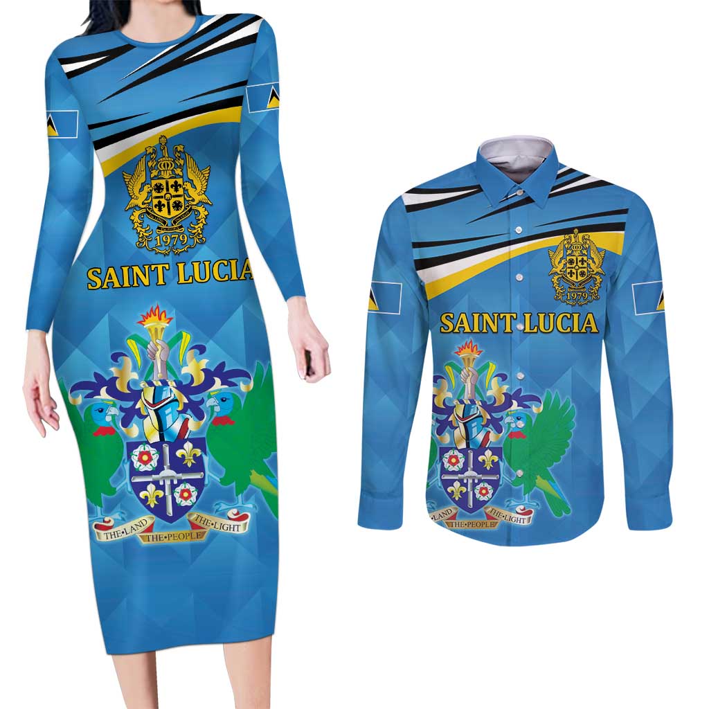 Personalized Saint Lucia Independence Day Couples Matching Long Sleeve Bodycon Dress and Long Sleeve Button Shirt Since 1979