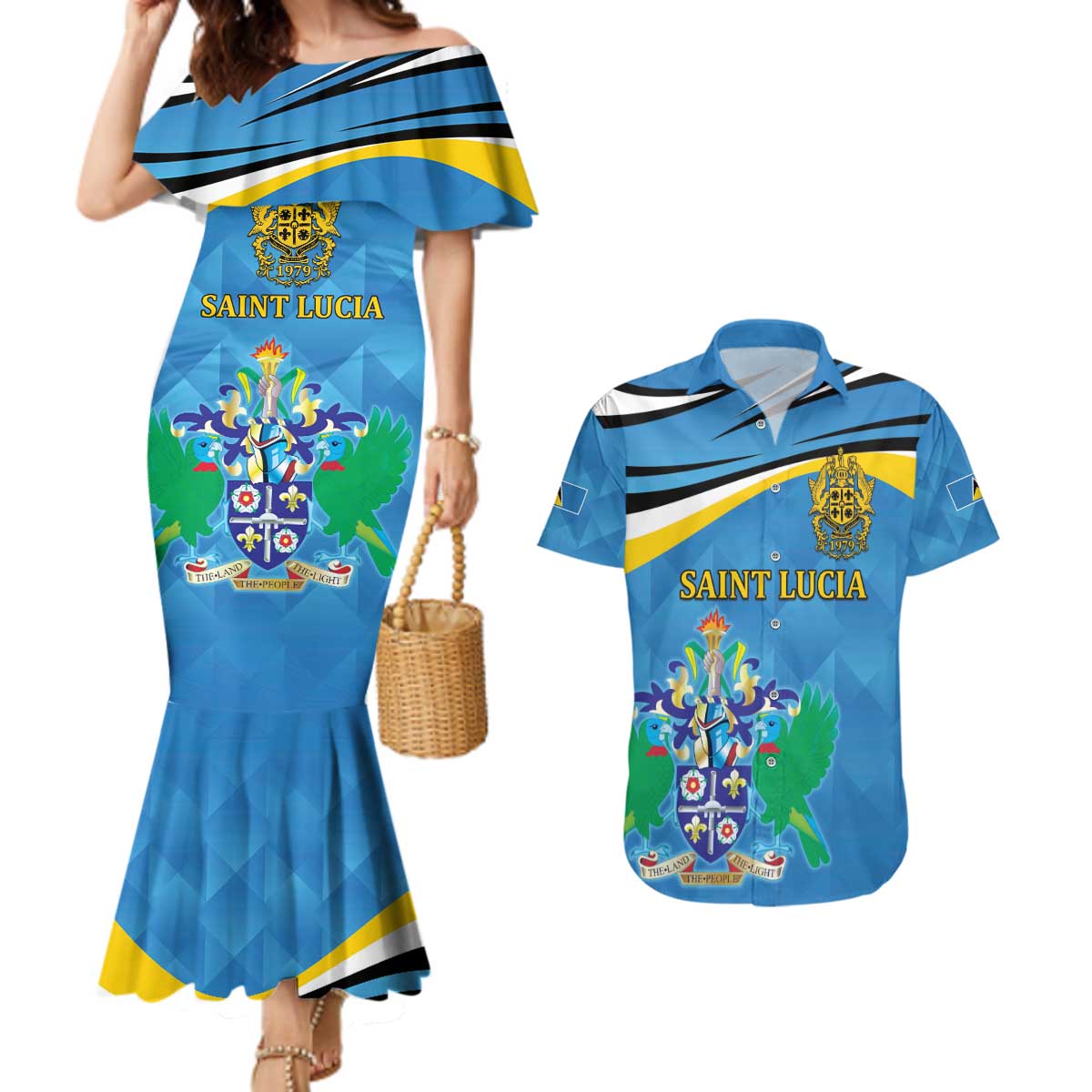 Personalized Saint Lucia Independence Day Couples Matching Mermaid Dress and Hawaiian Shirt Since 1979