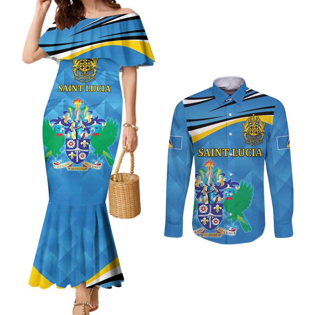 Personalized Saint Lucia Independence Day Couples Matching Mermaid Dress and Long Sleeve Button Shirt Since 1979