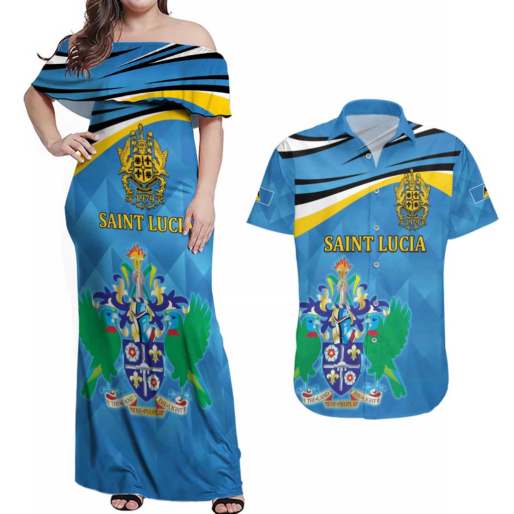 Personalized Saint Lucia Independence Day Couples Matching Off Shoulder Maxi Dress and Hawaiian Shirt Since 1979