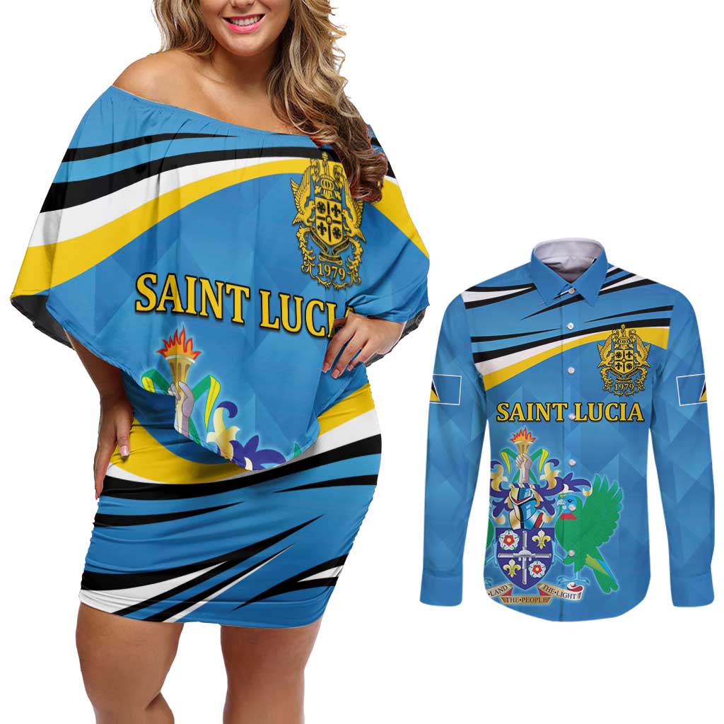 Personalized Saint Lucia Independence Day Couples Matching Off Shoulder Short Dress and Long Sleeve Button Shirt Since 1979