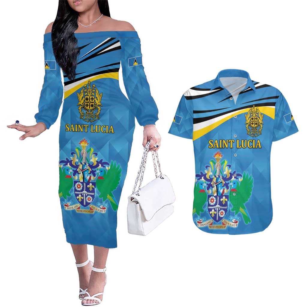 Personalized Saint Lucia Independence Day Couples Matching Off The Shoulder Long Sleeve Dress and Hawaiian Shirt Since 1979