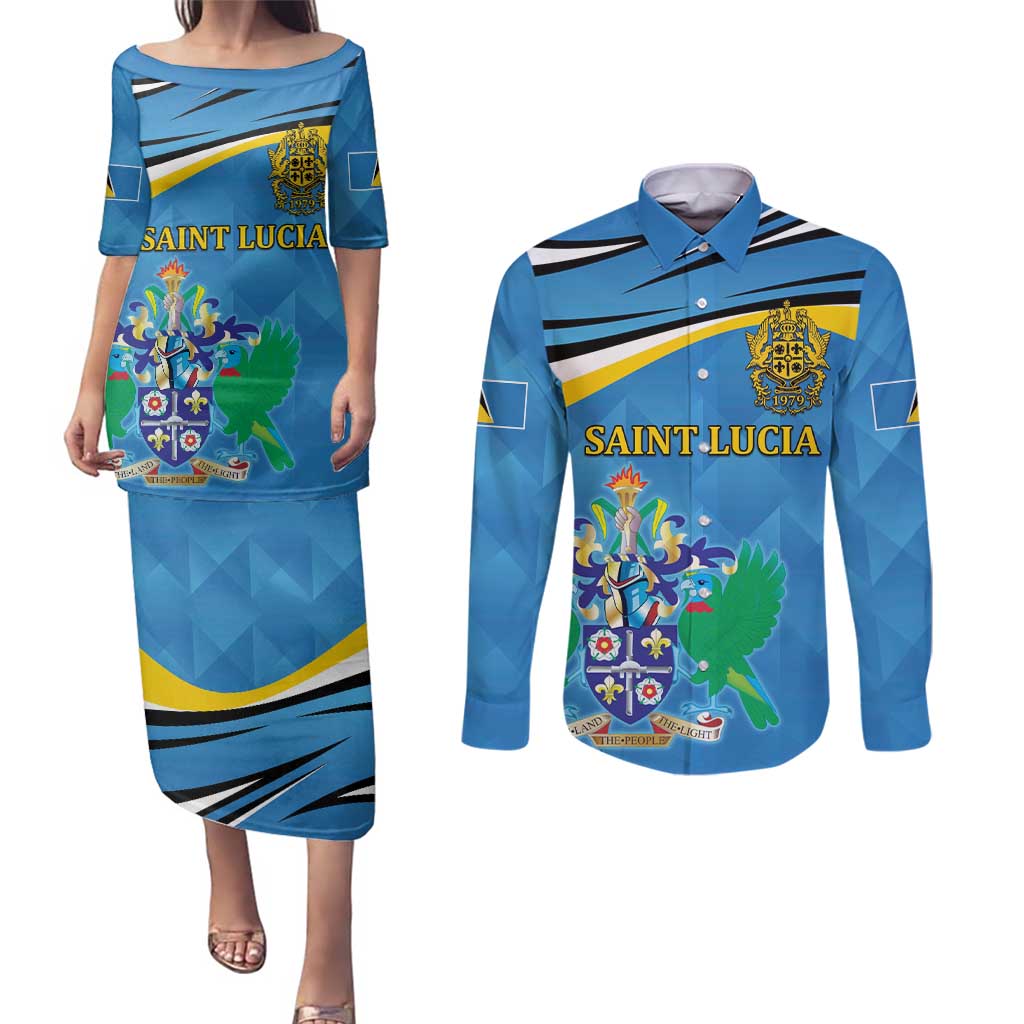 Personalized Saint Lucia Independence Day Couples Matching Puletasi and Long Sleeve Button Shirt Since 1979