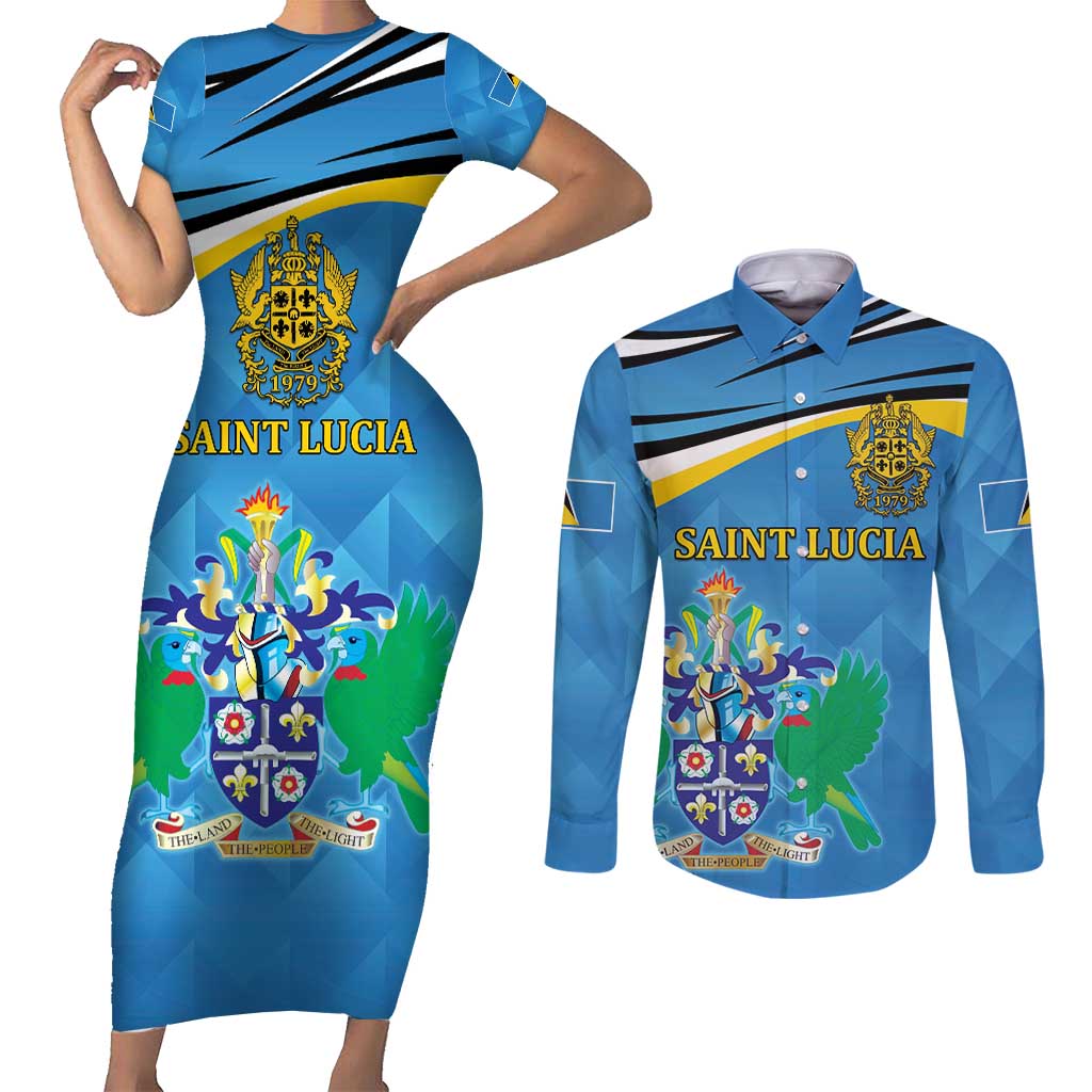 Personalized Saint Lucia Independence Day Couples Matching Short Sleeve Bodycon Dress and Long Sleeve Button Shirt Since 1979