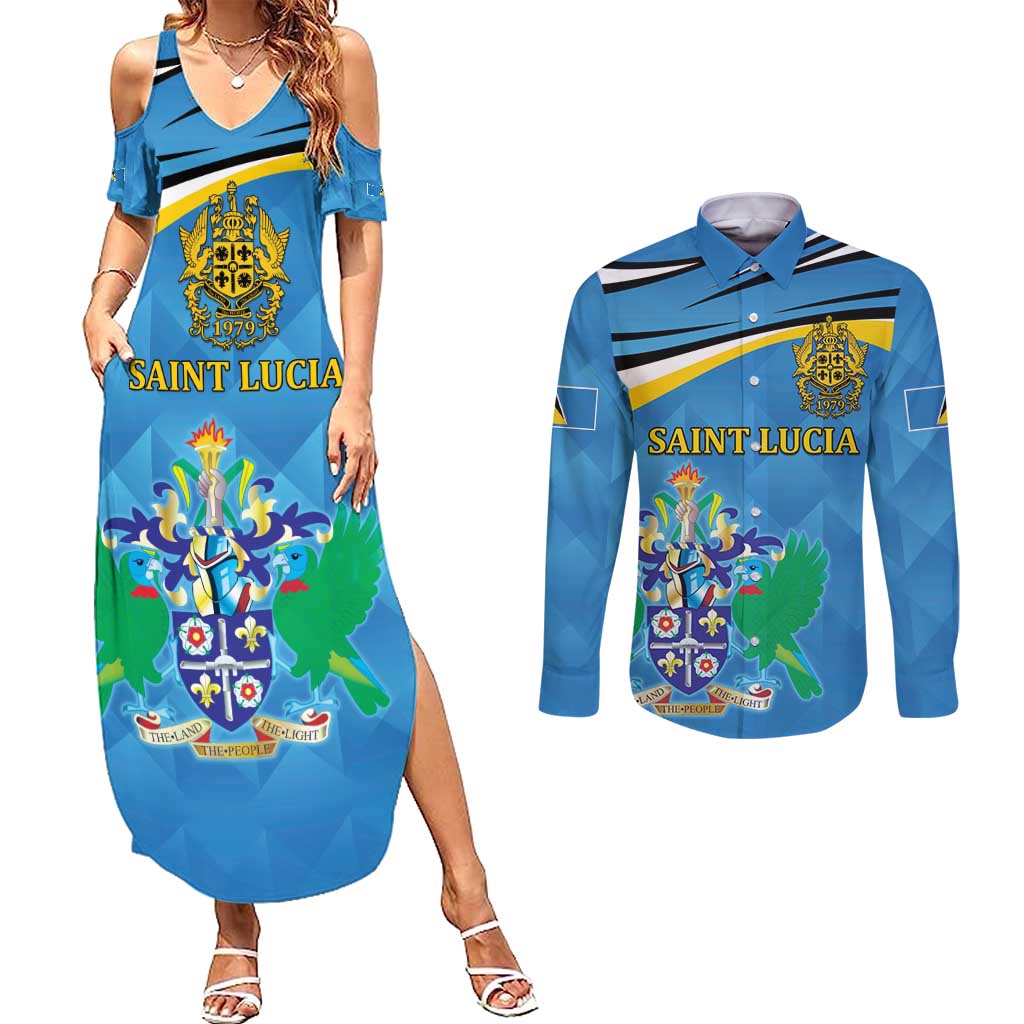 Personalized Saint Lucia Independence Day Couples Matching Summer Maxi Dress and Long Sleeve Button Shirt Since 1979