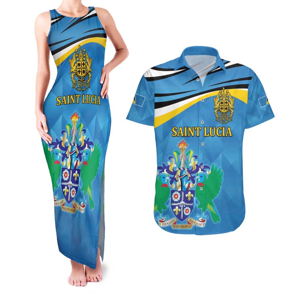 Personalized Saint Lucia Independence Day Couples Matching Tank Maxi Dress and Hawaiian Shirt Since 1979