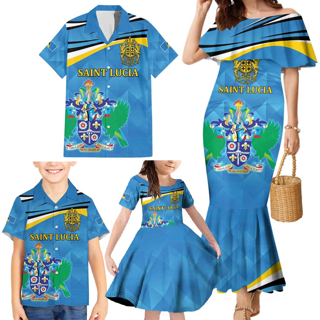 Personalized Saint Lucia Independence Day Family Matching Mermaid Dress and Hawaiian Shirt Since 1979