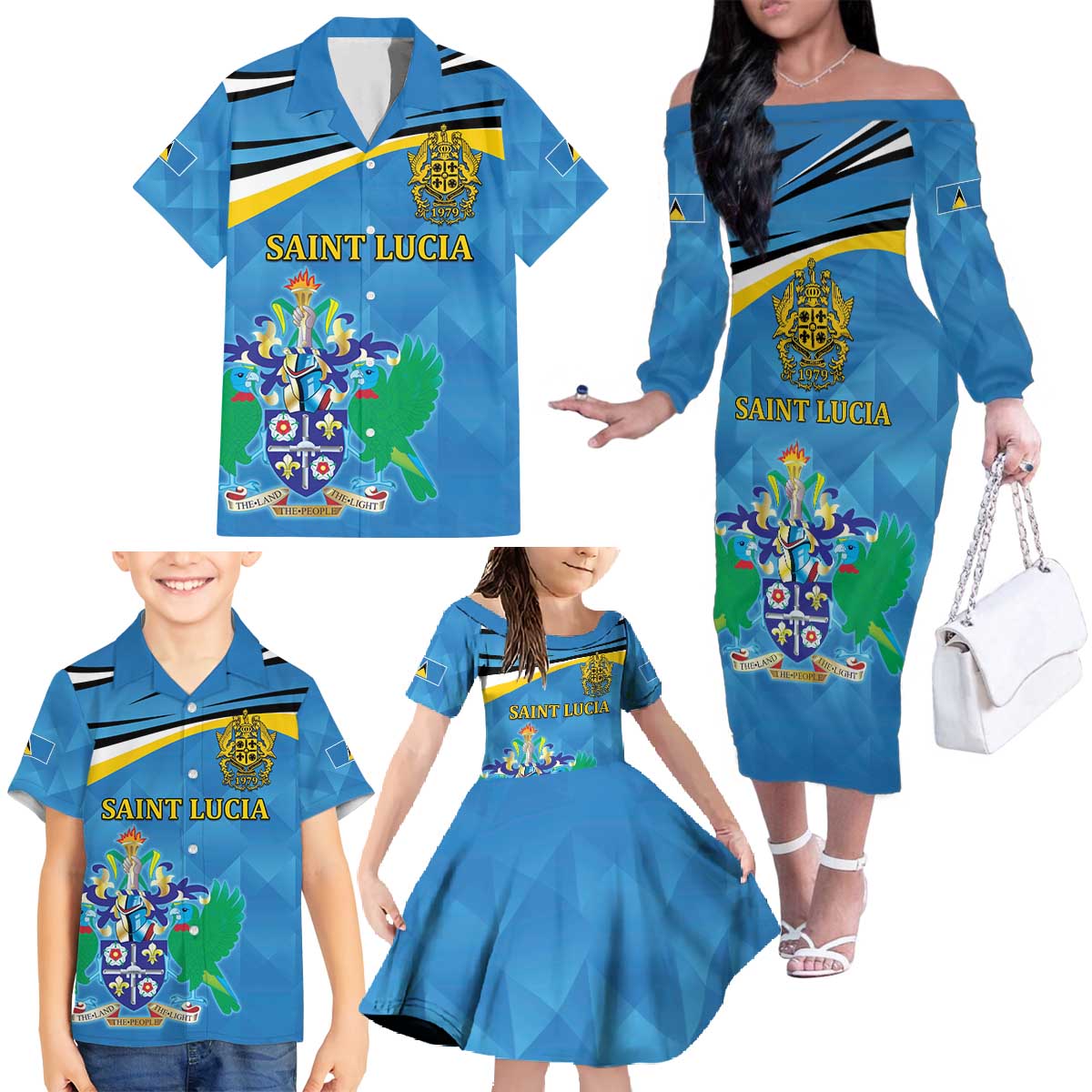 Personalized Saint Lucia Independence Day Family Matching Off The Shoulder Long Sleeve Dress and Hawaiian Shirt Since 1979