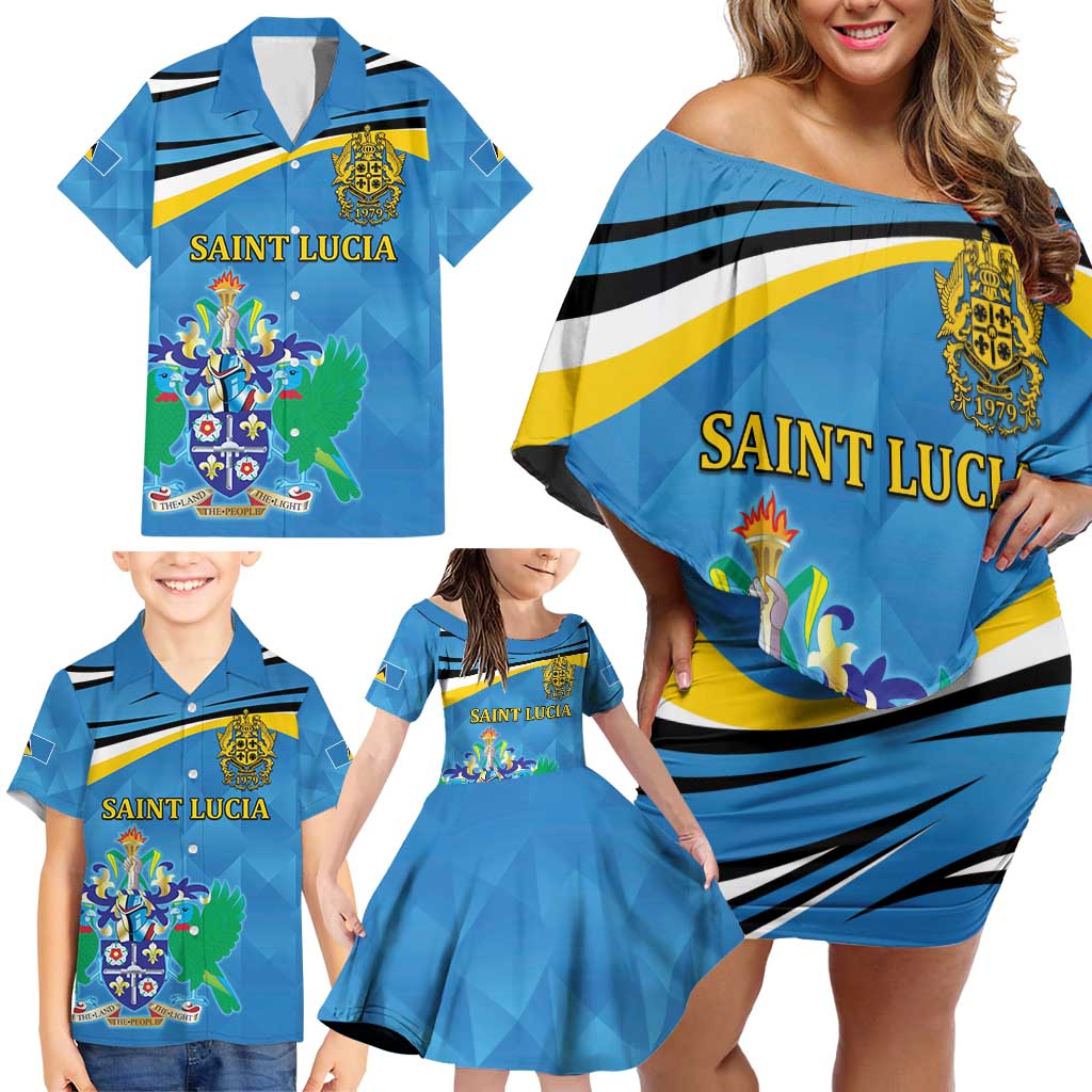 Personalized Saint Lucia Independence Day Family Matching Off Shoulder Short Dress and Hawaiian Shirt Since 1979