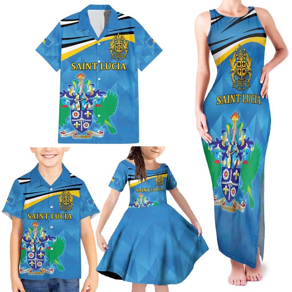 Personalized Saint Lucia Independence Day Family Matching Tank Maxi Dress and Hawaiian Shirt Since 1979