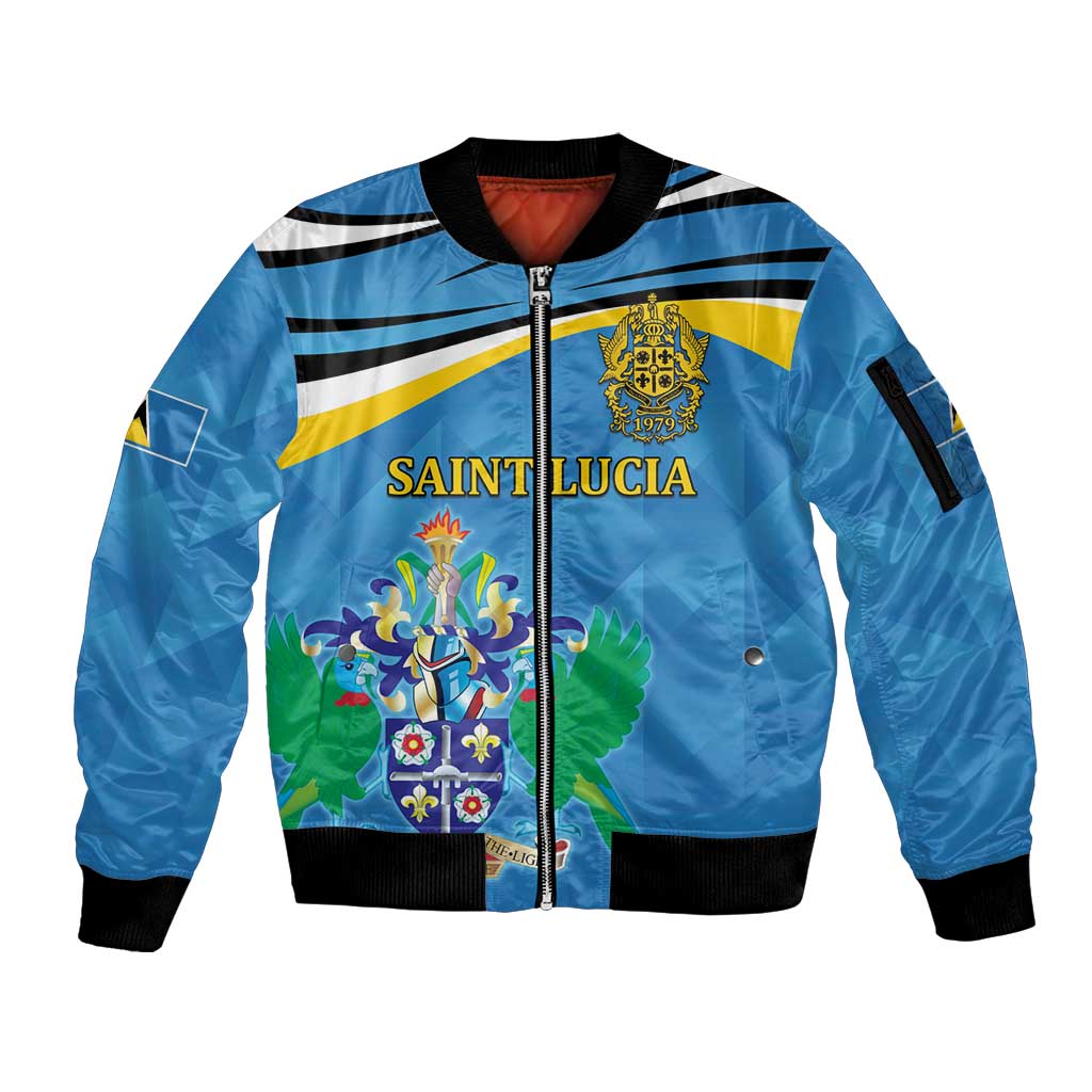 Personalized Saint Lucia Independence Day Sleeve Zip Bomber Jacket Since 1979