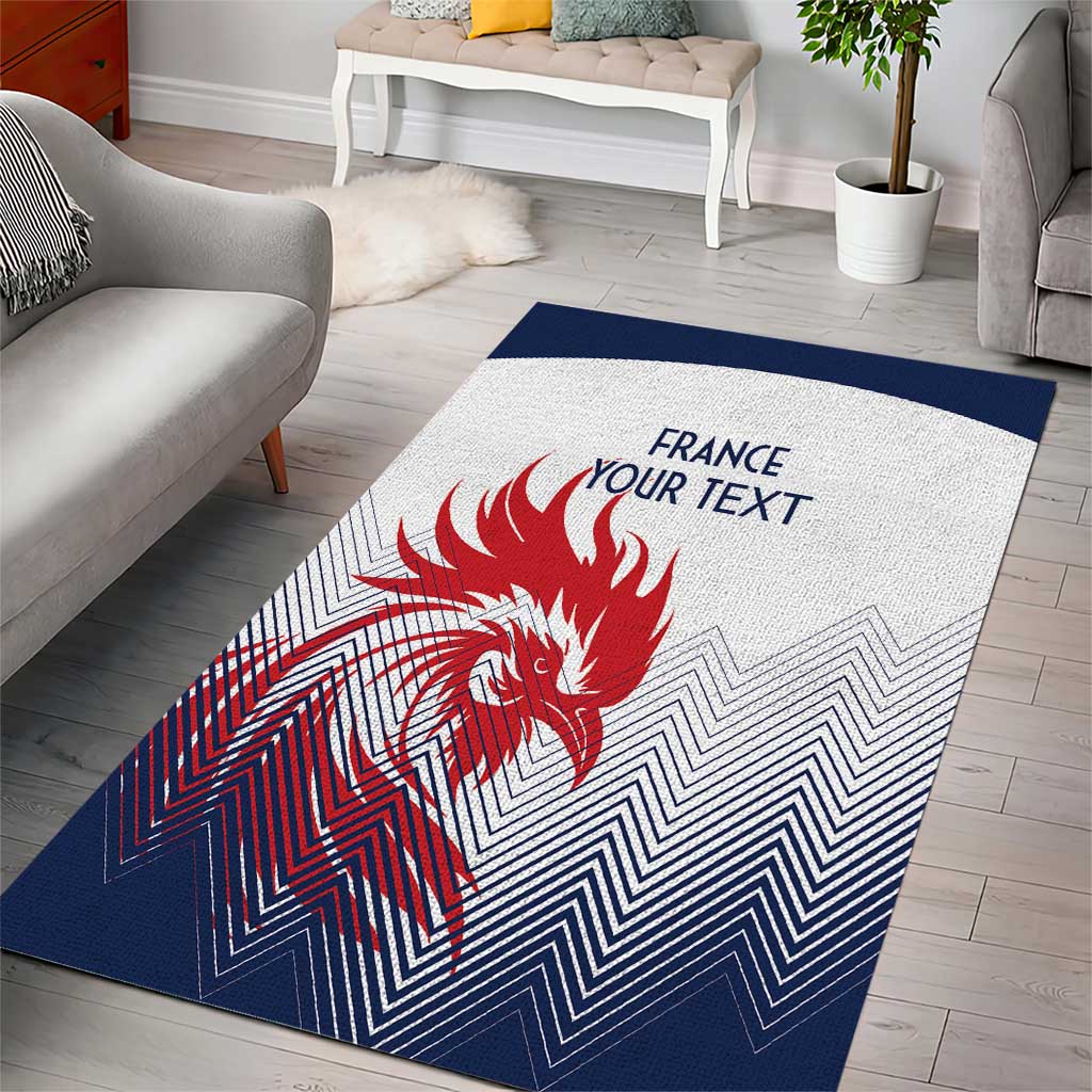 France rug with text: “FRANCE YOUR TEXT” above red dragon on blue zigzag