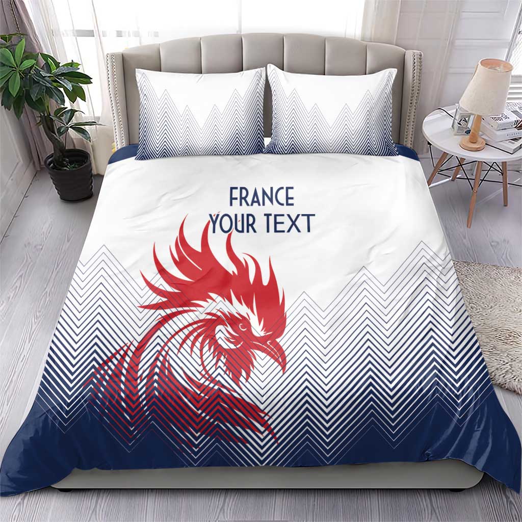 White and navy bedding set with red rooster graphic, France/your text headline