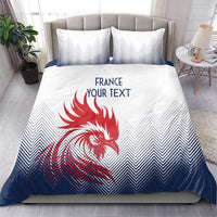 White and navy bedding set with red rooster graphic, France/your text headline