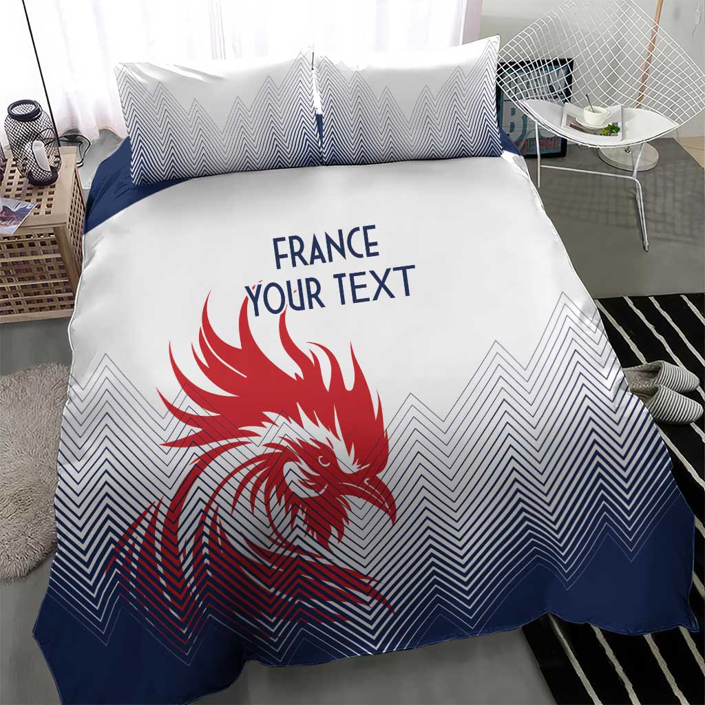 White and navy duvet bedding set with France/your text and red rooster chevron design