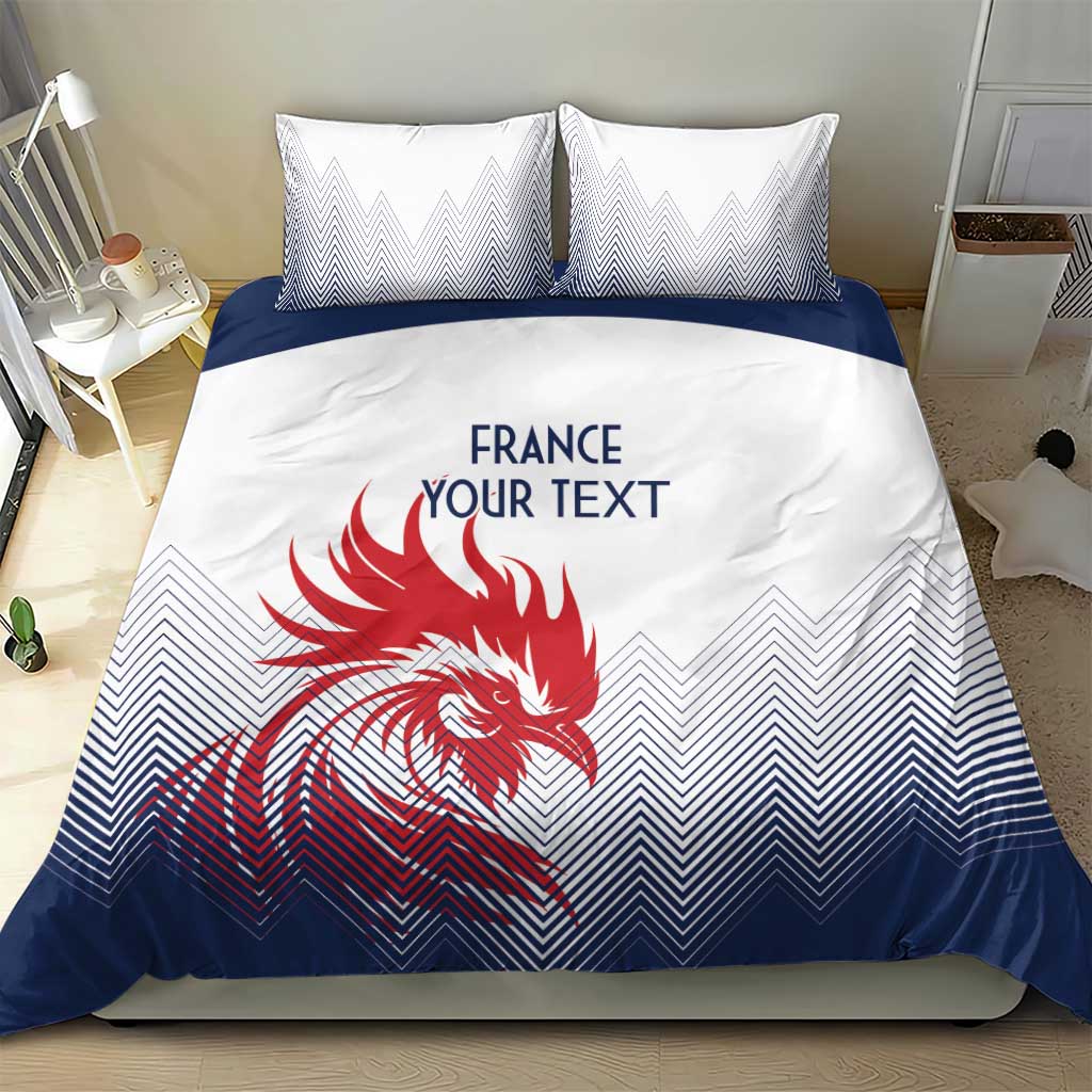 White and navy bedding set with France/your text and red rooster graphic on duvet