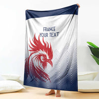 France rugby blanket, white with dark blue border and red rooster graphic, custom text