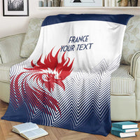 France rugby blanket on armchair, white and dark blue with red rooster, custom text