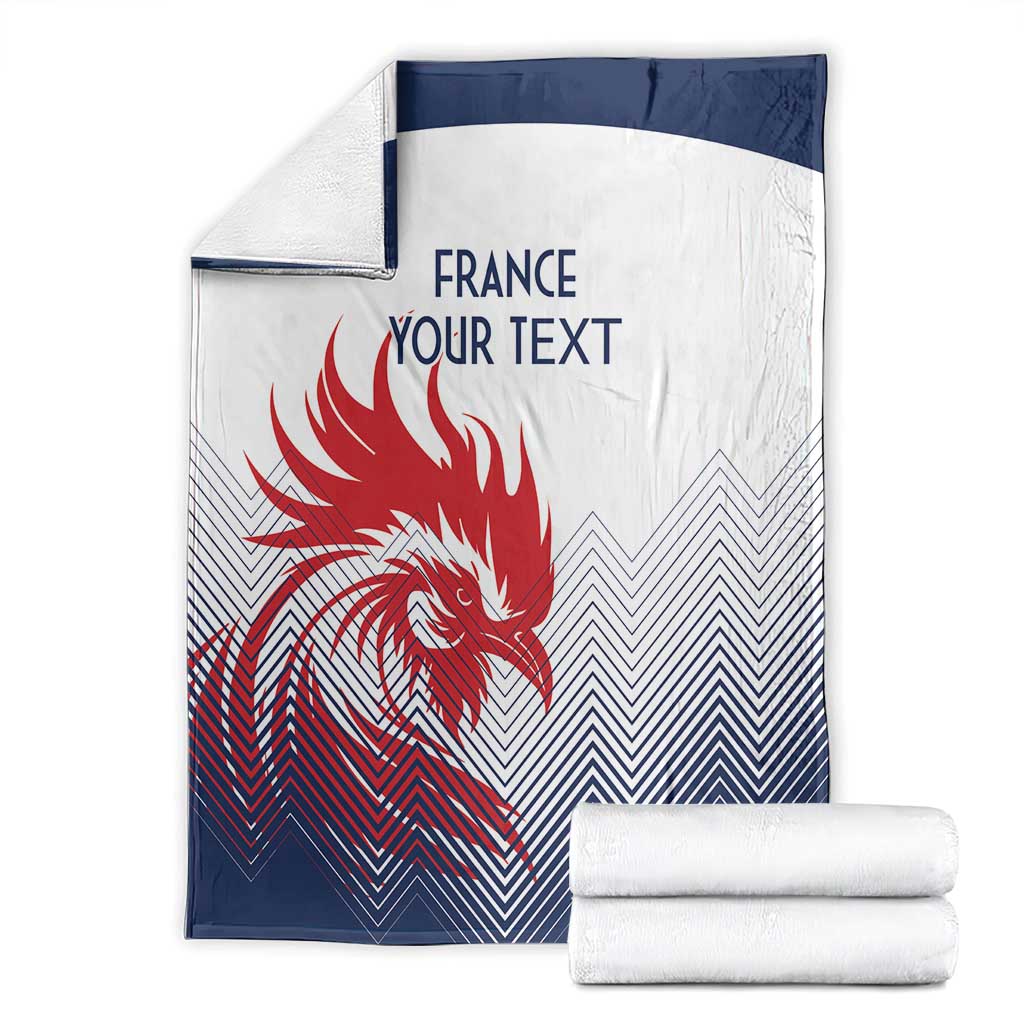 Folded France rugby blanket set, white and dark blue with red rooster and custom text