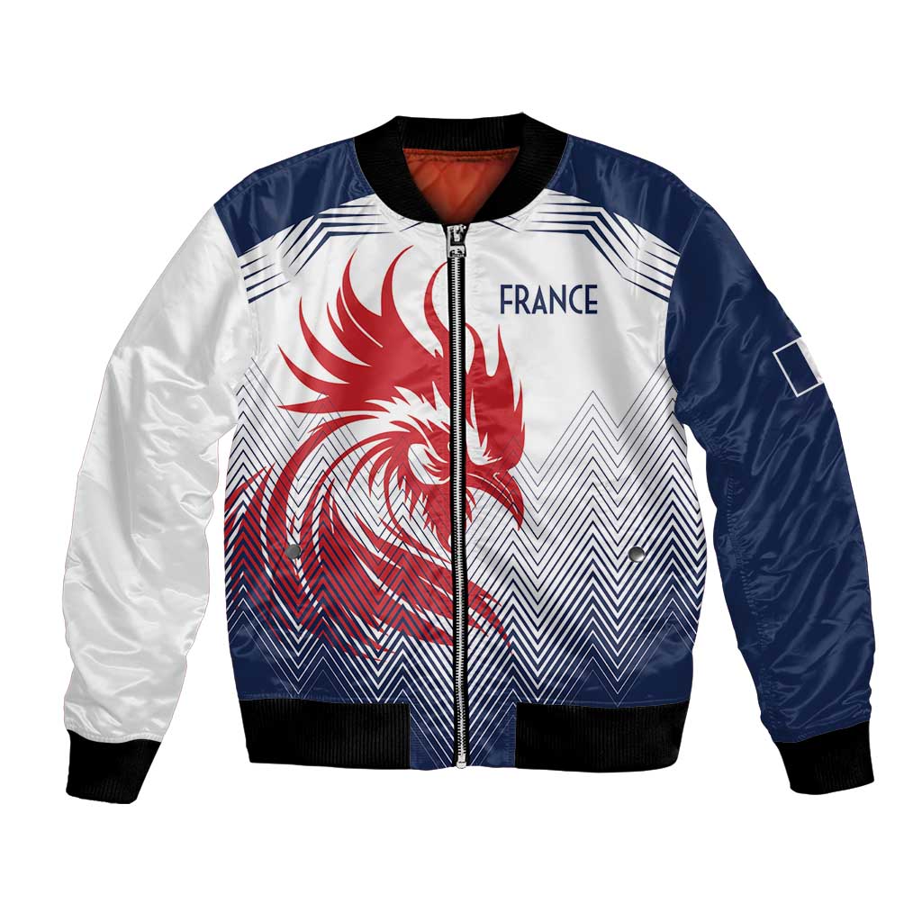 Unisex white and navy bomber jacket with red France crest and zip front