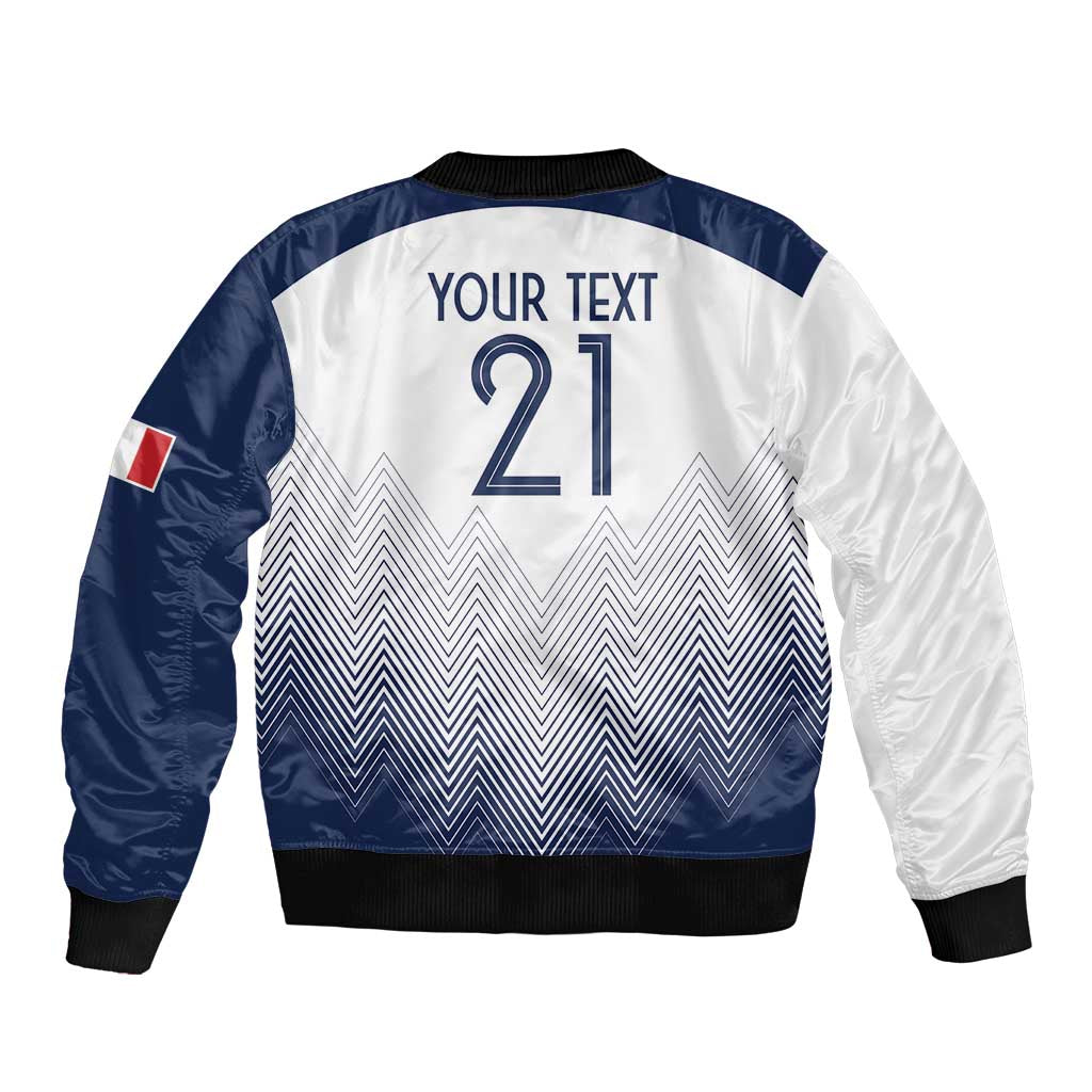 Unisex white and navy bomber jacket back graphic with '21' and black ribbed cuffs