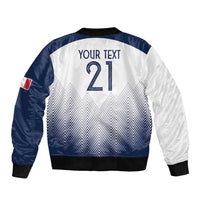 Unisex white and navy bomber jacket back graphic with '21' and black ribbed cuffs