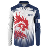 Rugby button sweatshirt in white and navy with France text and red rooster graphic