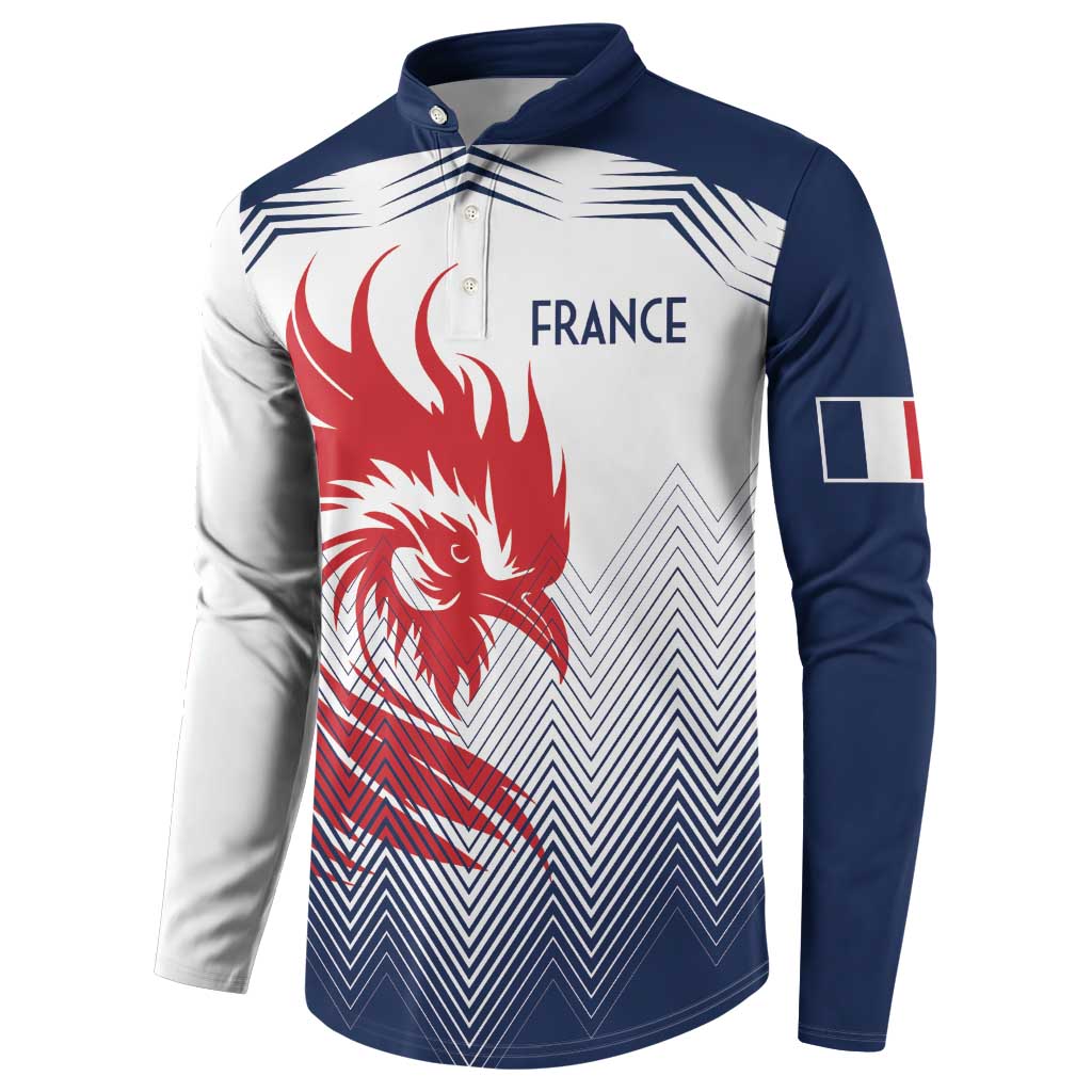 Rugby button sweatshirt, white and navy, France logo with red rooster and zigzag pattern
