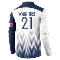 Rugby button sweatshirt back in white and navy, YOUR TEXT 21 over zigzag graphic